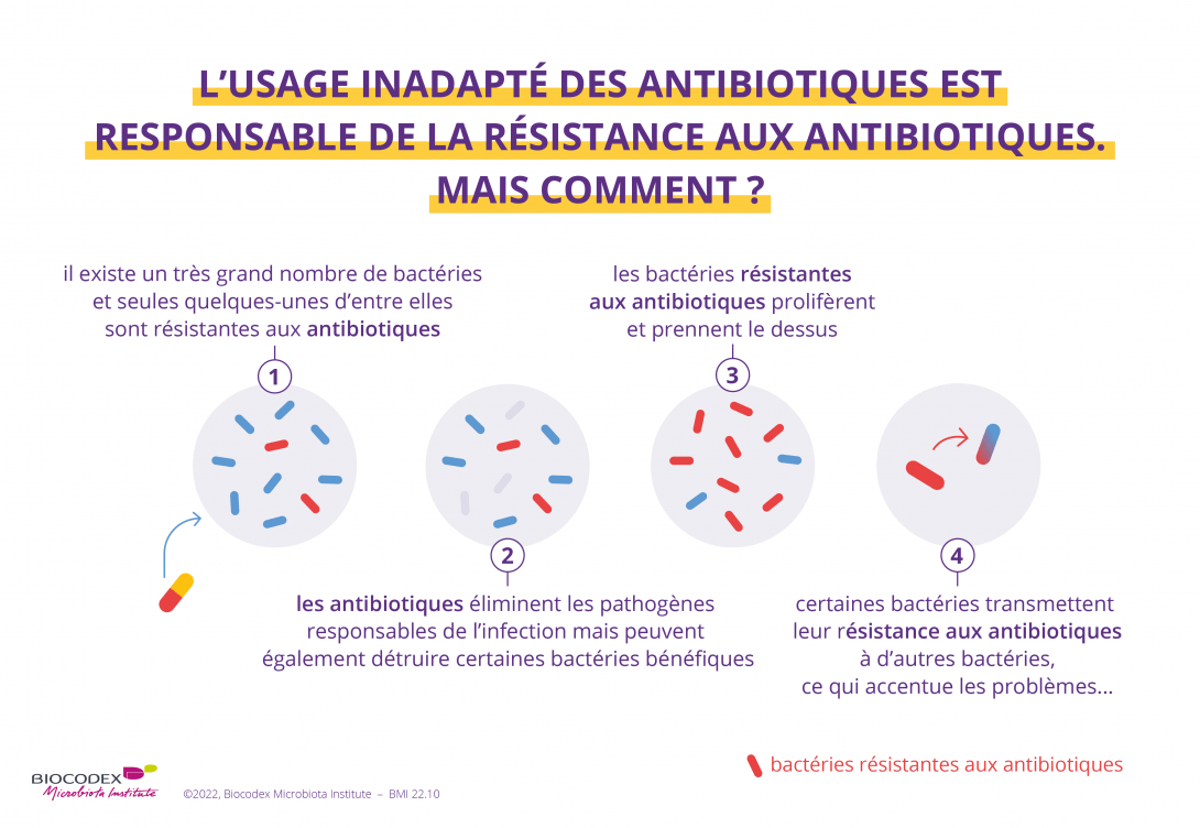 L'usage inadapté des antibiotiques est responsable de la résistance aux antibiotiques. En effet, parmi toutes les bactéries, seulement une petite partie sont au départ résistantes aux antibiotiques mais l'usage des antibiotiques élimine certaines bactéries bénéfiques, non résistantes aux antibiotiques. Les bactéries résistantes vont donc proliférer et prendre le dessus, de plus que certaines bactéries transmettent leur résistance aux antibiotiques à d'autres bactéries, ce qui accentue les problèmes.